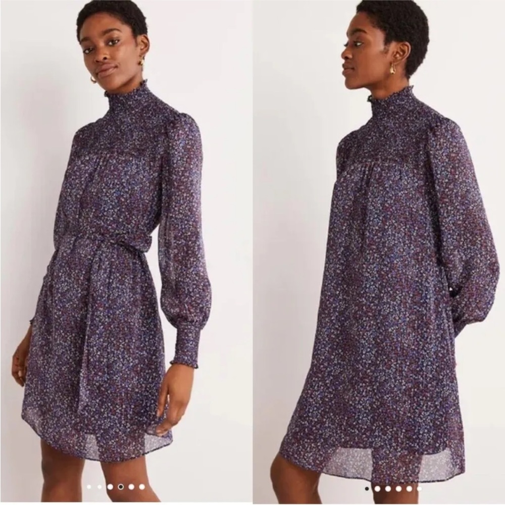 Boden Smocked Yoke Metallic Dress Mock Neck Size 12